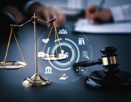 Smart law, legal advice icons and lawyer working tools in the lawyers office showing concept of digital law and online technology of savvy law and regulations .